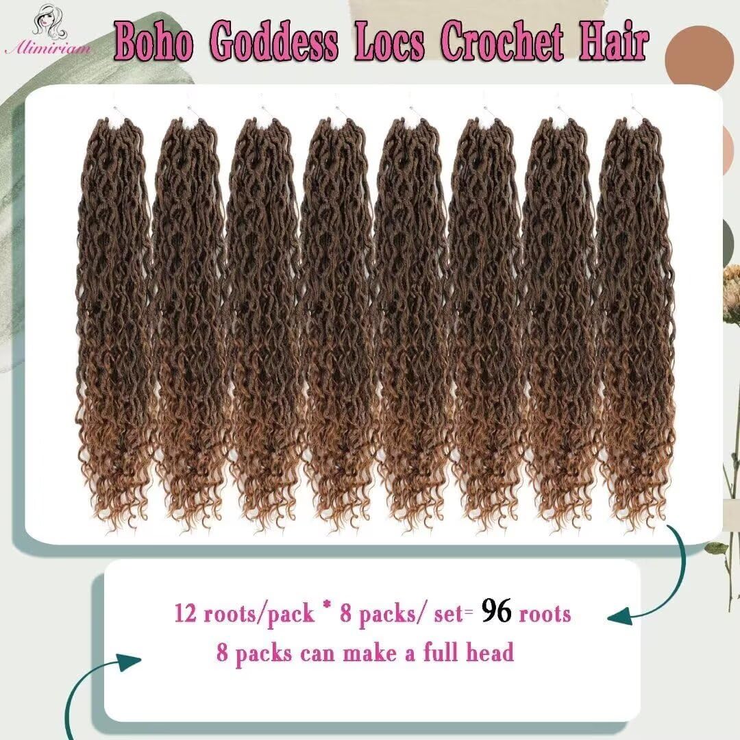 Goddess Locs Crochet Hair - 18 Inch Ombre Brown Faux Locs with Curly Ends | 8 Packs Synthetic Hair Extensions