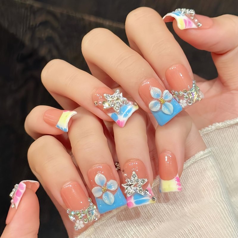 Handmade Duck Press On Nails 10Pcs Colorful French Duck Nail Shape, Nude Pink 3D Flower & Star Press On Nails with Rhinestones, Trendy Handmade Duck Nails for Women Girls