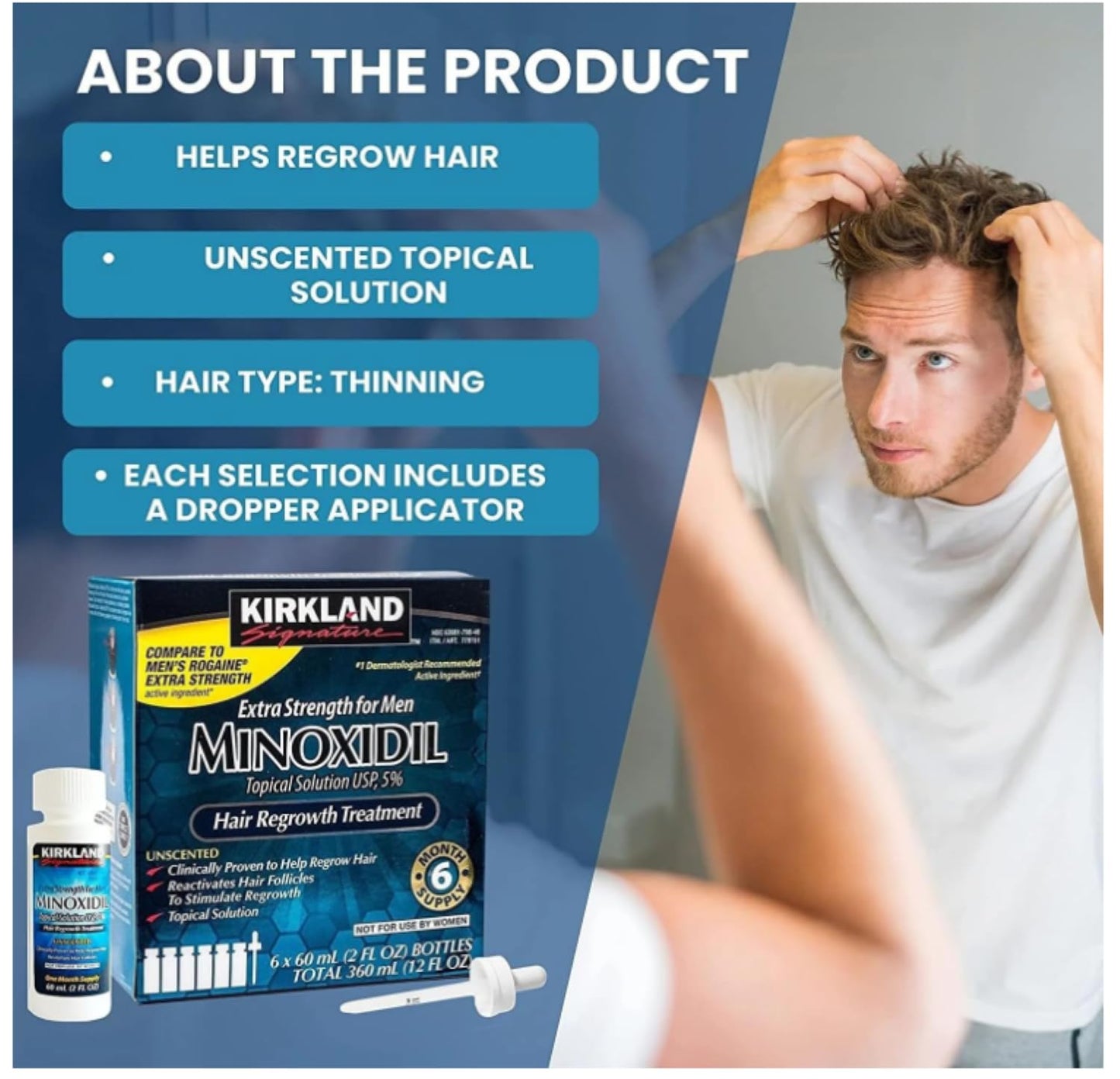 KIRKLAND SIGNATURE Minoxidil 5% Hair Regrowth Treatment for Men | 6 Months Supply | Topical Solution | Extra Strength | Clinically Proven | Unscented Drops | Dropper & Sprayer Included