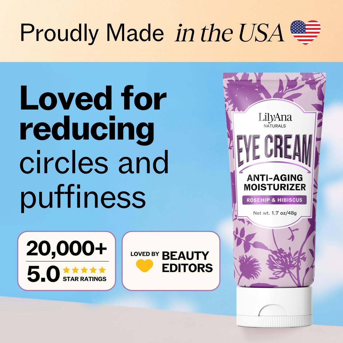 LilyAna Naturals Eye Cream for Dark Circles and Puffiness, Under Eye Cream for Wrinkles and Bags, Anti Aging - helps Improve Dryness; for Sensitive Skin - 1.7 oz - Made in USA