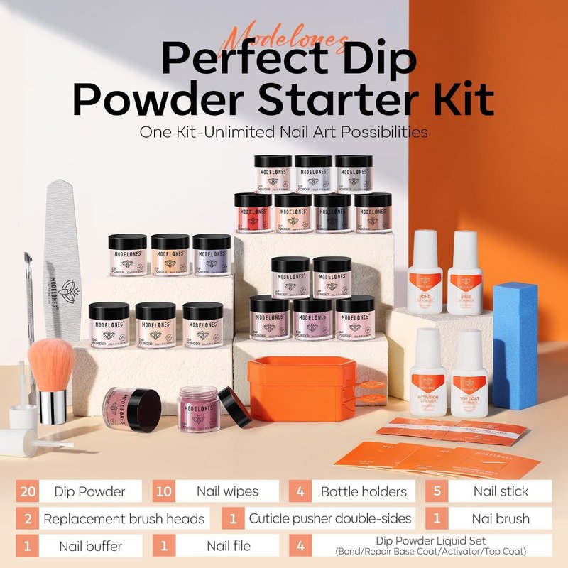 Modelones Dip Powder Nail Kit - 20 Vibrant Colors for DIY French Nail Art | Base & Top Liquid Set