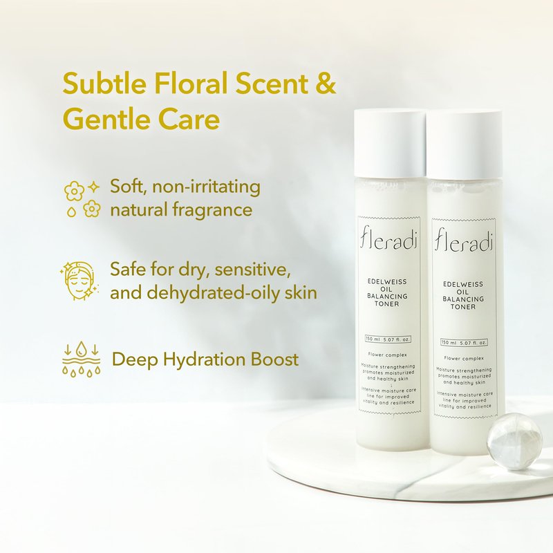 Fleradi Edelweiss Oil Balancing Toner: Revitalize with 20% Edelweiss Extract - Dual Layer Hydration & PH Balance, Rich in 11 Flower Extracts, 5.07 fl oz - Ideal for All Skin Types