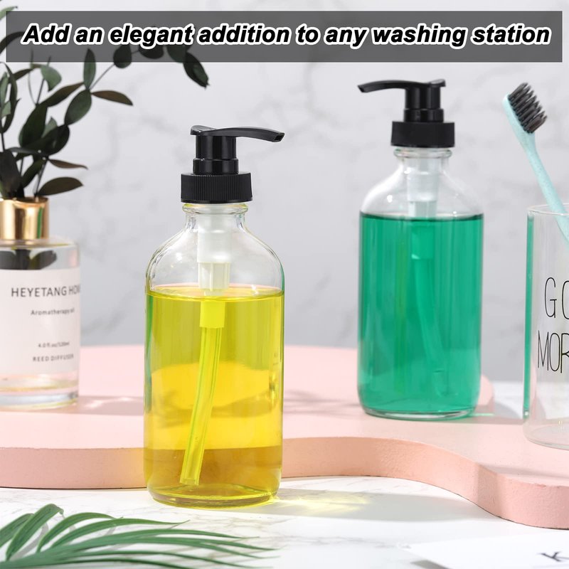 8 Pack Glass Pump Bottles with Black Lotion Pumps 8 oz Refillable Pump Bottles Dispenser Thick Glass Lotion Soap Shampoo Massage Oil Containers Multipurpose for Salon Cosmetic Kitchen Bathroom(Clear)