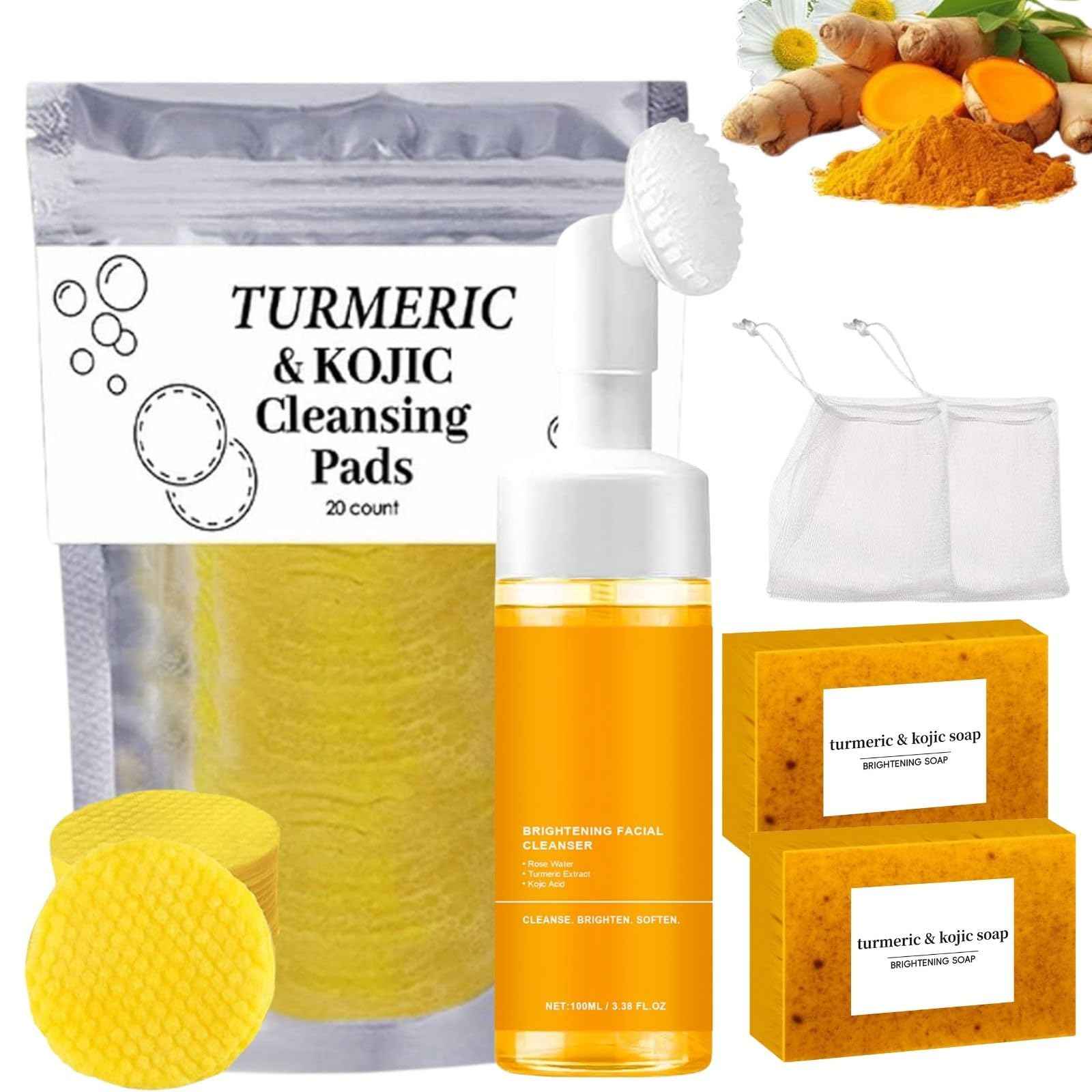 4PCS Turmeric Wash And Cleaning Care three piece kit,Tuemeric Facial Cleanser & Turmeric Soap Bar & Turmeric Face Scrub Pads, Cleansing Skincare Set,Turmeric Cleansing Skincare Set, Deep Cleansing