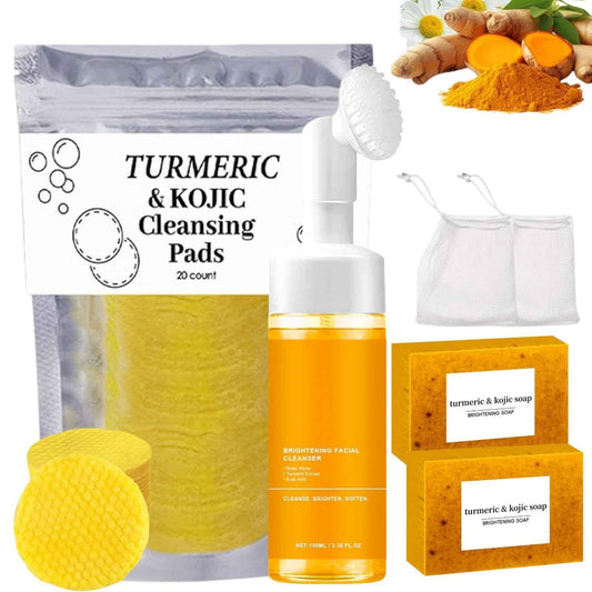 4PCS Turmeric Wash And Cleaning Care three piece kit,Tuemeric Facial Cleanser & Turmeric Soap Bar & Turmeric Face Scrub Pads, Cleansing Skincare Set,Turmeric Cleansing Skincare Set, Deep Cleansing