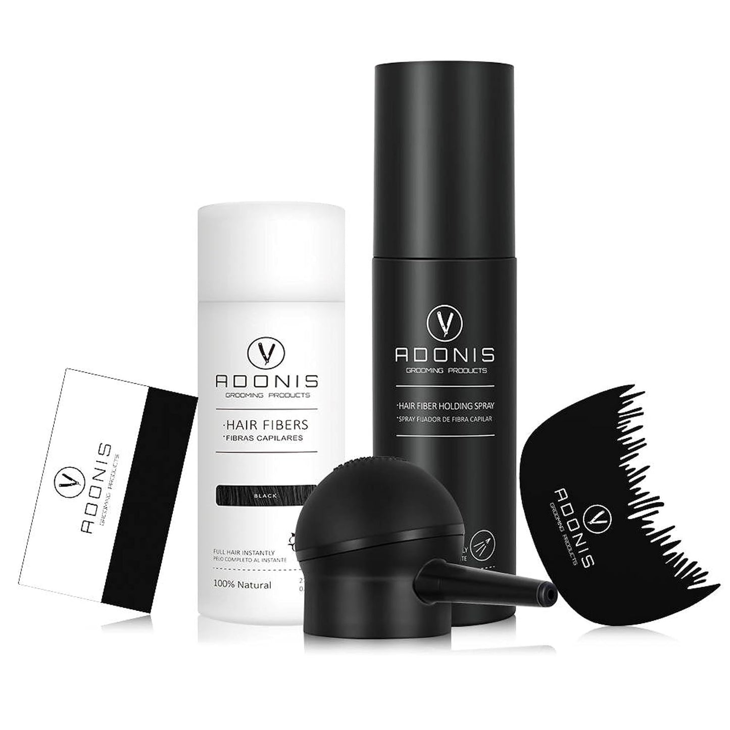 Adonis 5-in-1 Hair Fiber Kit | All-Natural Keratin Fibers, Spray & Applicator for Thinning Hair - Black