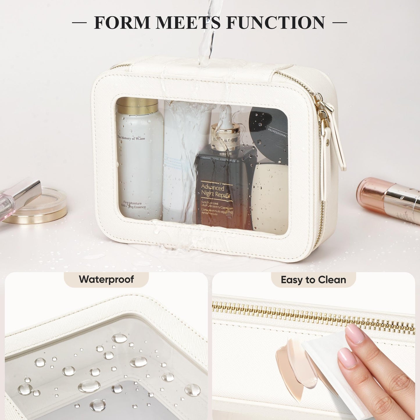 MSTONAL Clear Makeup Bag, Travel Toiletry Bag Cosmetic Case for Women, Waterproof Portable Make Up Skincare Pouch with Zipper, Compact Car Organizer Bag for Essentials, Mini & Medium, Ivory White