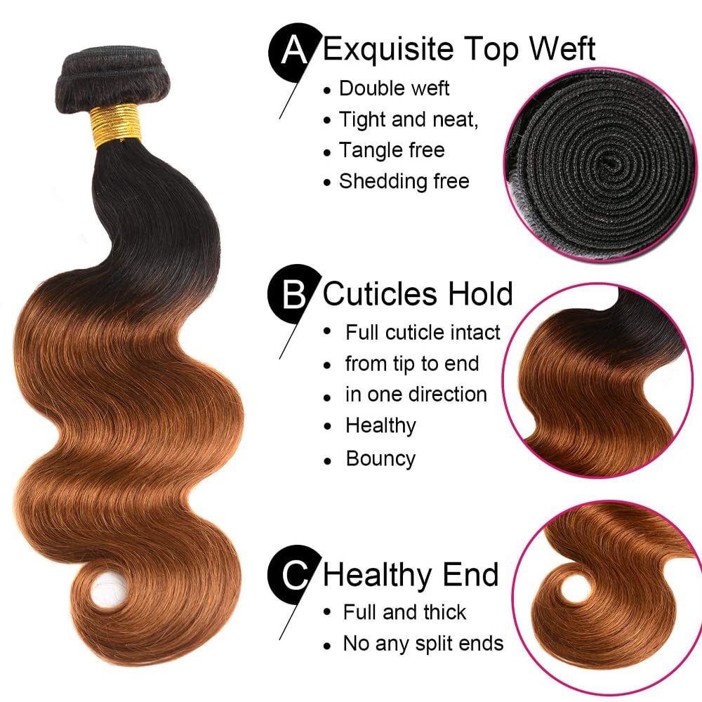Ombre Brown Body Wave Human Hair Bundles - 3 Pack, 14/16/18 Inch, Unprocessed Brazilian Virgin Remy