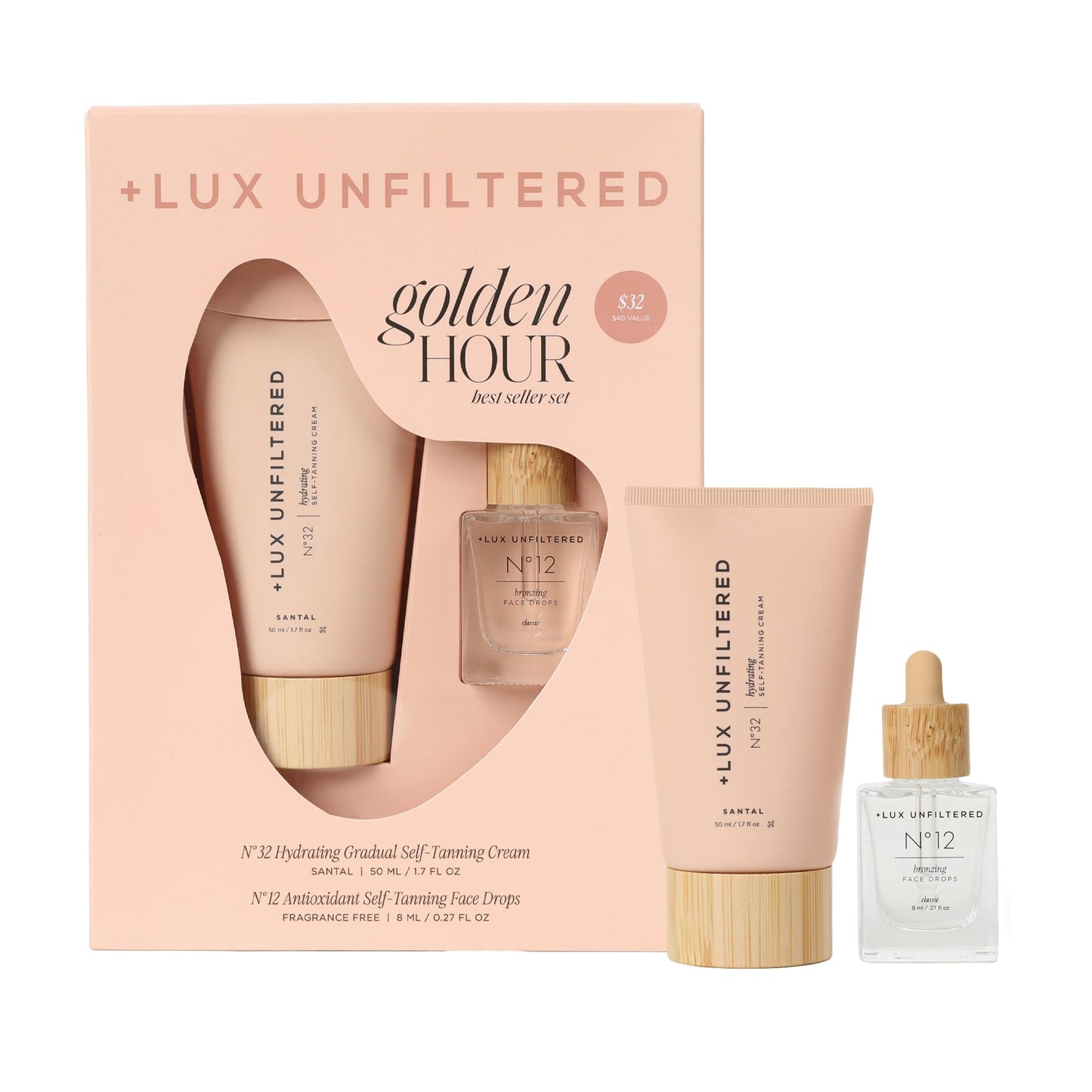 + Lux Unfiltered Mini Golden Hour Set - Includes Best Sellers N°32 Gradual Self Tanner Santal 1.7 fl oz & N°12 Face Tanning Drops 0.27 fl oz - Trial Size Self Tanner - Vegan & Cruelty Free