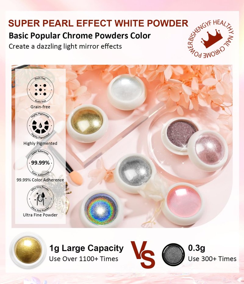 BISHENGYF Chrome Nail Powder Kit 6 PCS - Gold Chrome Nail Powder with Pearl Chrome & Effect,Metallic Mirror Holographic Nail Powder for Gel Nails DIY Home Salon Manicure White Silver Pink Blue