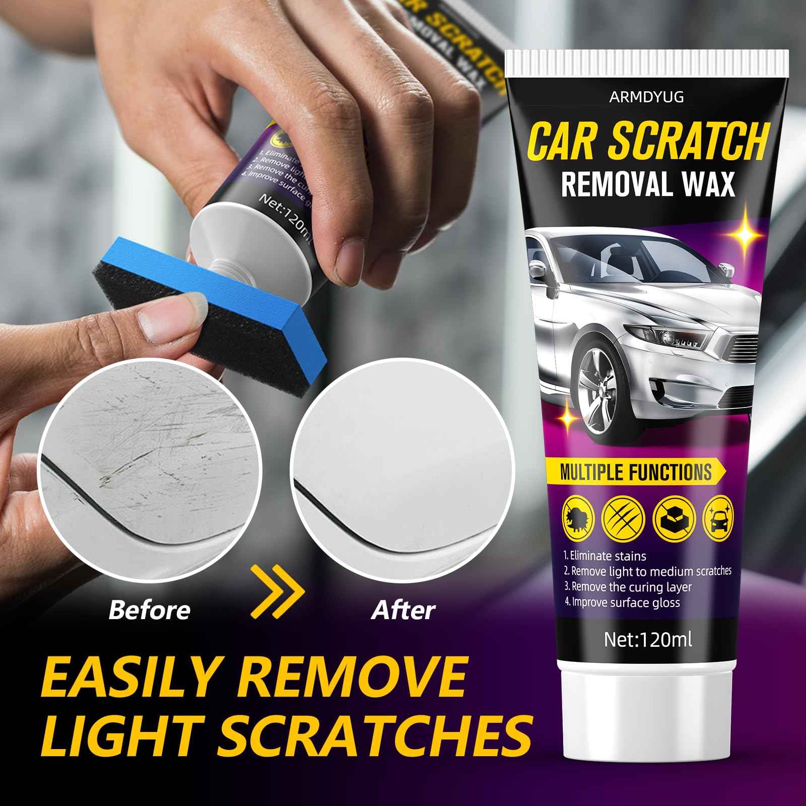 120ml, Scratch Remover for Vehicles, Car Scratch Repair Kit for Deep Scratches, Repair Paste-Erase Scratches, Car Paint Wax with Wiping Sponge & Cloth