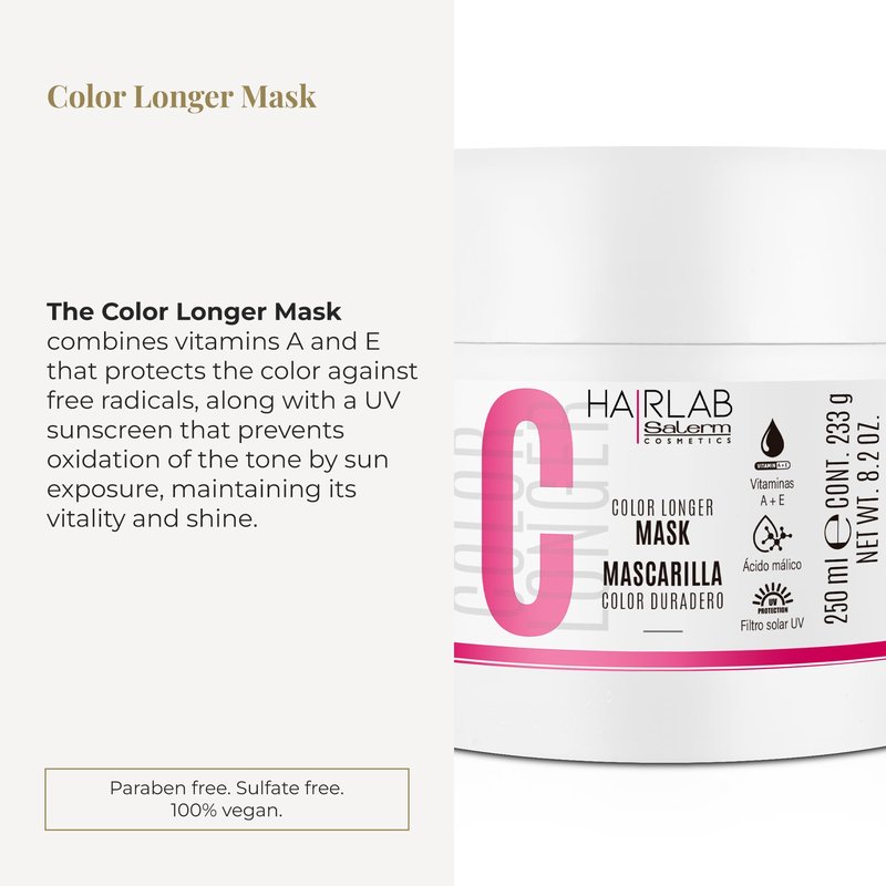 SALERM - Dyed, Bleached, or Gray Hair Mask - Color Longer Hair Lab - 250 ml - with Vitamins A and E - Seals and Maintains Color - Shinier Hair - Sulfate and Paraben-Free