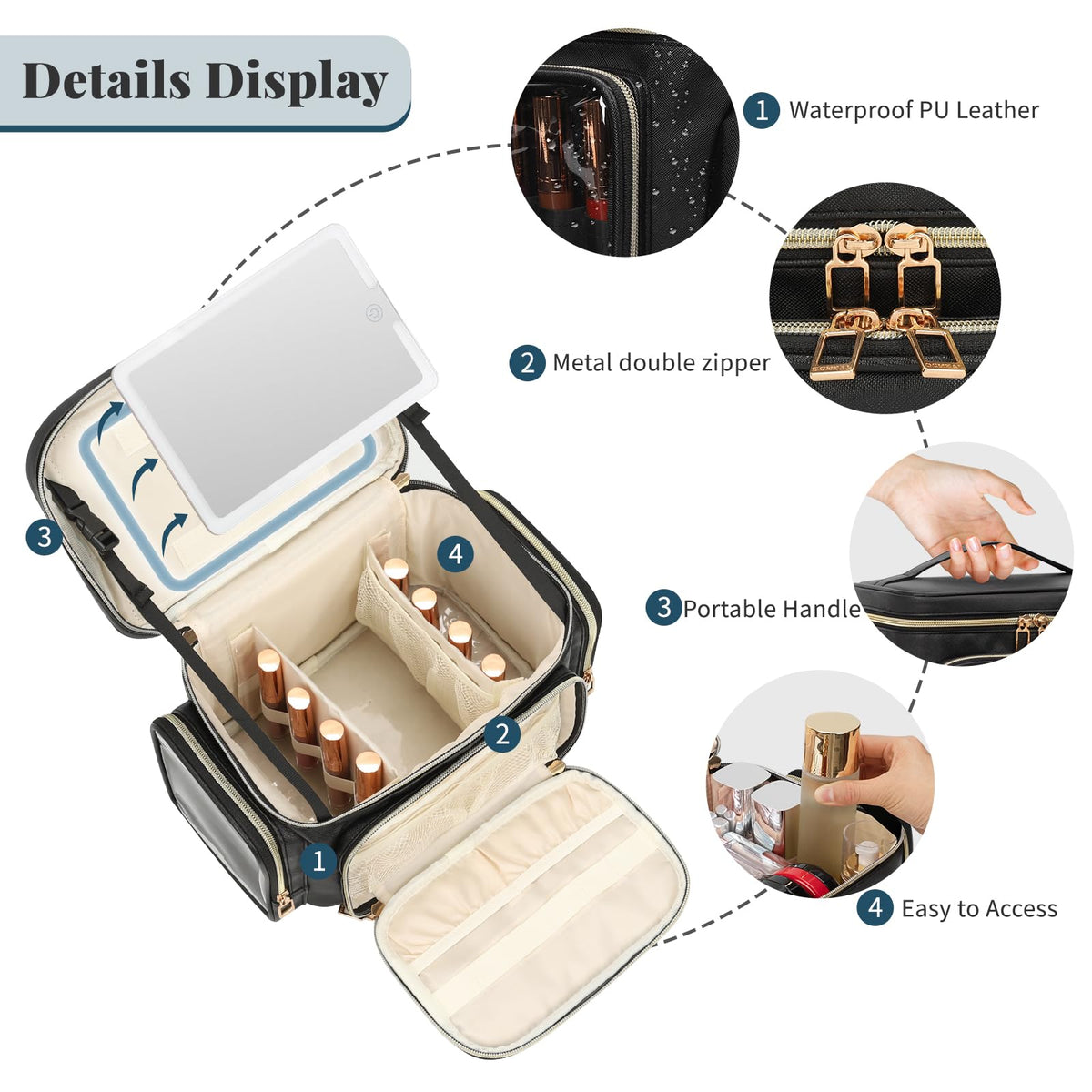 Large Makeup Bag with LED Mirror, Travel Makeup Bag Organizer for Women Girls with Makeup Brush Compartment & Two Side Pockets, 3 Color Lights Cosmetic Toiletry Bag- Leather Black