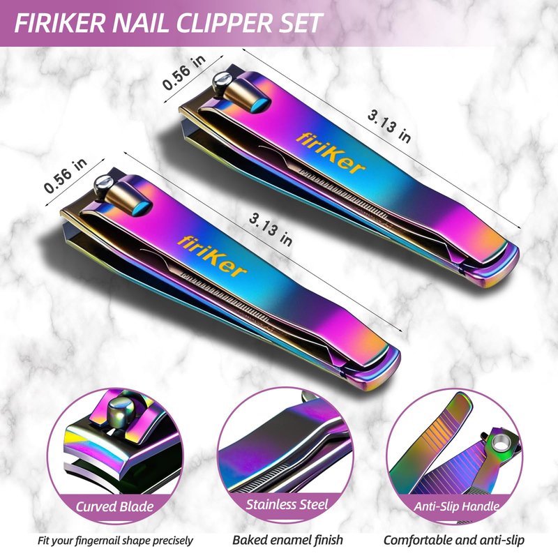 firiKer 2PCS Stainless Steel Nail Clippers,Rainbow Fingernail Clipper and Toenail Clipper, Wide Easy Press Lever Nail Cutter with Swing Out Nail Cleaner/File for Men and Women