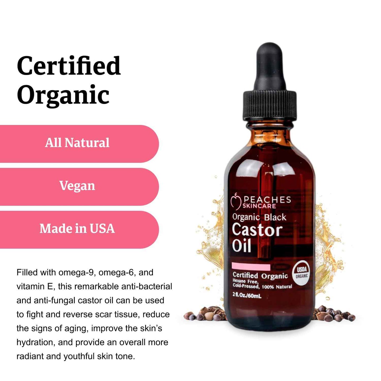Organic Cold-Pressed Castor Oil – Hexane-Free, Vegan Formula with Omega-9, Omega-6, and Vitamin E – Hydrating Oil for Skin and Hair – Black Castor Oil (2 fl. oz)