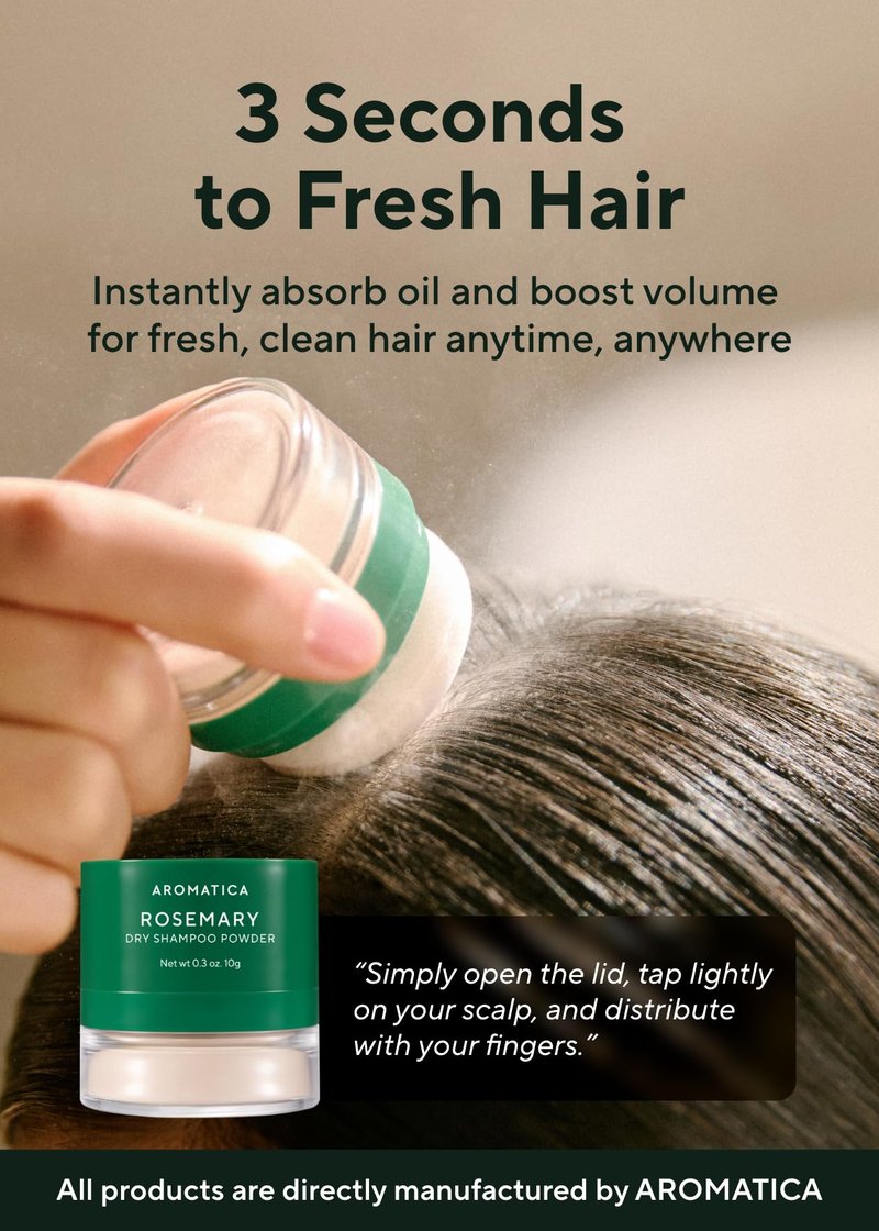 AROMATICA Rosemary Dry Shampoo Powder, Travel Size (10g/0.3oz) - Root Lifting & Volumizing Hair Powder with Panthenol + Biotin, Oil-Absorbing, Non-Aerosol, Talc-Free, Korean Hair Care, for Women