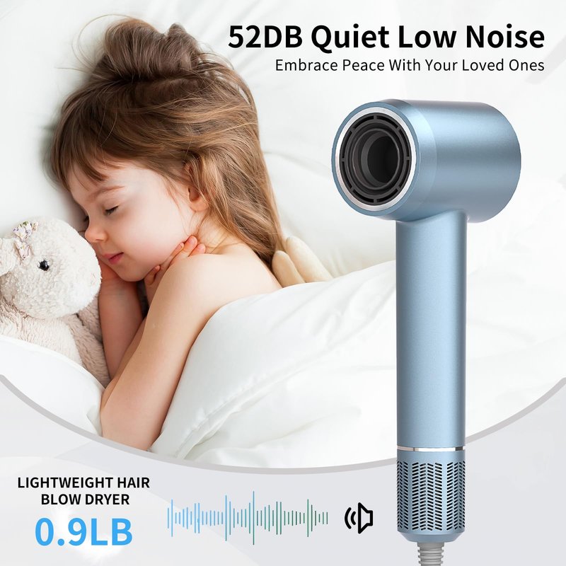 Ionic Fast Drying Hair Dryer - 110000 RPM High-Speed Brushless Motor Blow Dryer for Women | Low Noise Thermo-Control & Negative Ions Hairdryer with Magnetic Nozzle for Home Travel Salon (Silver Blue)