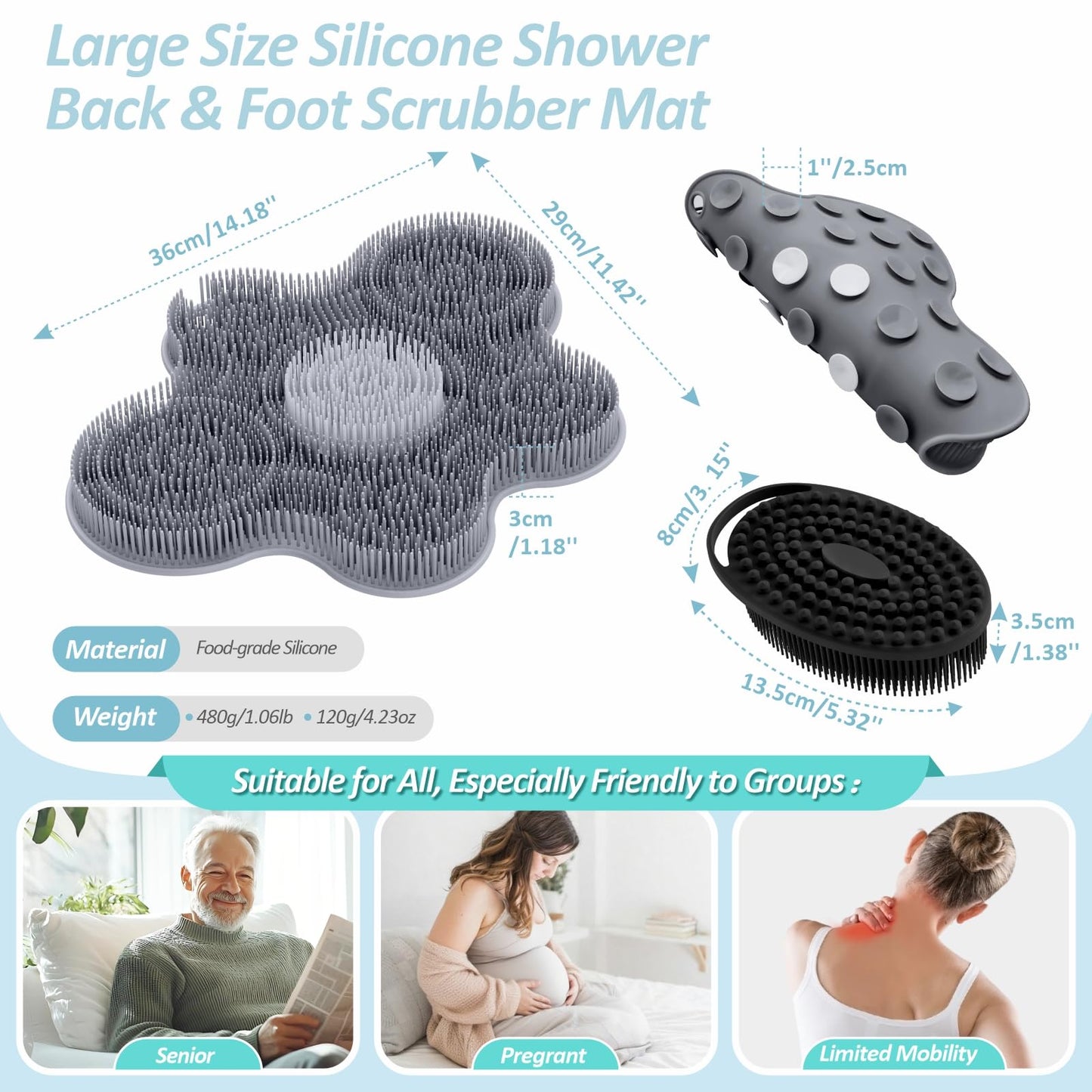 GEENOA Upgrade Silicone Shower Foot Scrubber Mat & Silicone Bath Brush Set, Large Wall-Mounted Back Scrubber Back Washer to Clean, Exfoliate and Massage Without Bending(Gray+Soft Brush)