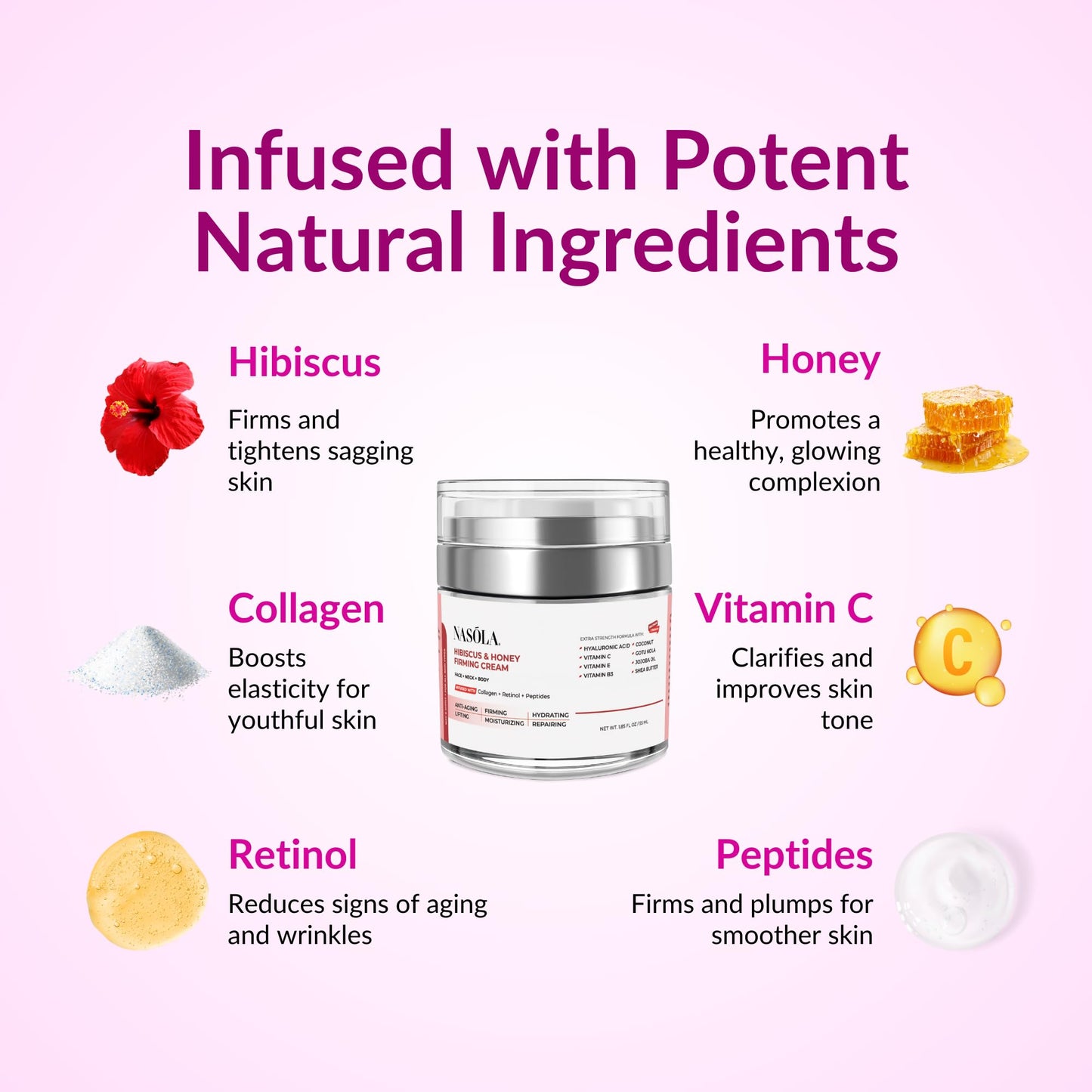 Nasola Hibiscus & Honey Firming Cream for Face, Neck & Body with Collagen, Retinol, Vitamin C, Hyaluronic Acid & Peptides – Skin Tightening, Anti-Wrinkle & Hydrating Moisturizer for Women & Men