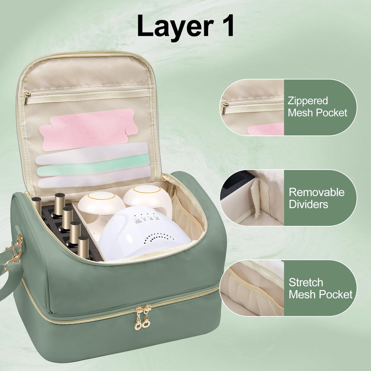 SXS LACONIC Nail Polish Organizer Case,Double Layer Nail Supplies Organizer Bag Storage Box Holds Up to 45 Bottles of Nail Polish and Nail Lamp