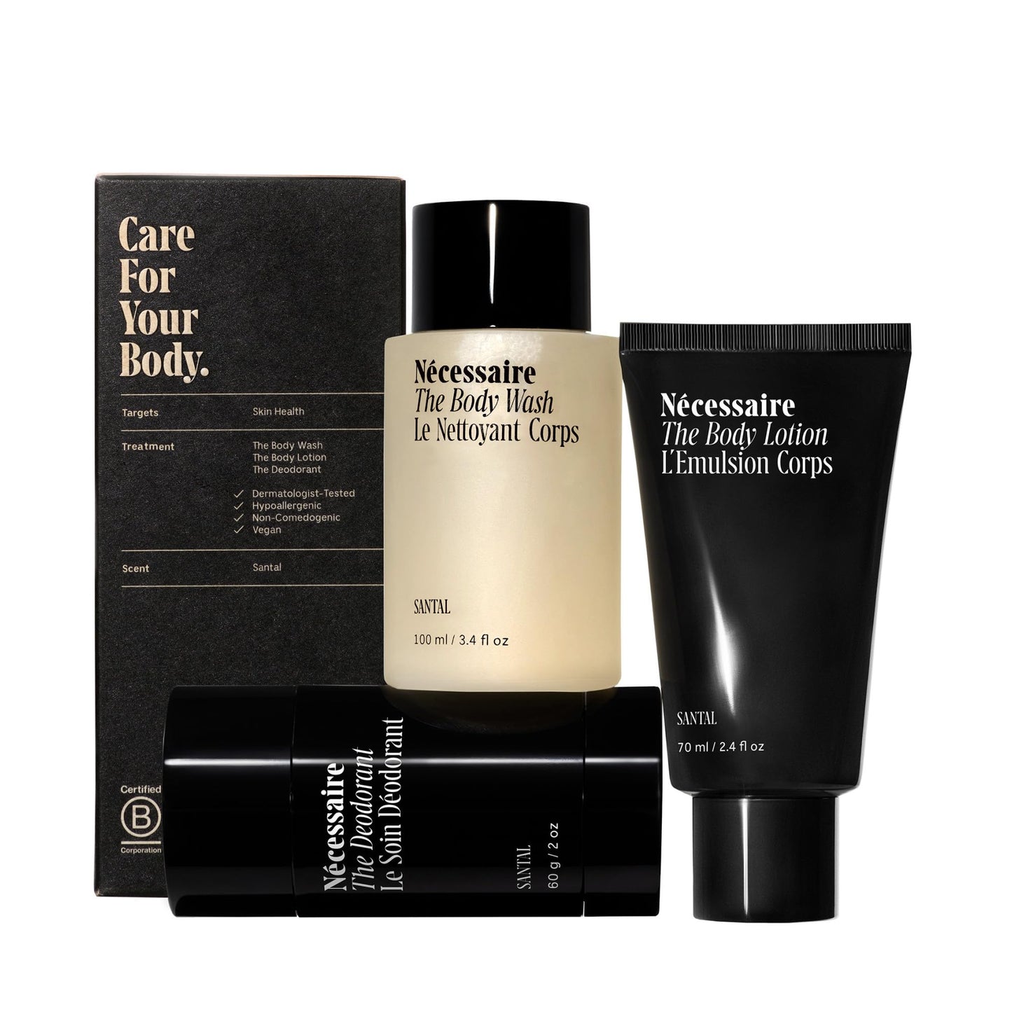 Nécessaire Body Essentials - Skin Care Gift Set For Women + Men - Travel-Size Body Wash, Body Lotion + Deodorant | Dermatologist-Tested. Hypoallergenic | Vegan | Aluminum-Free Deodorant (Santal)