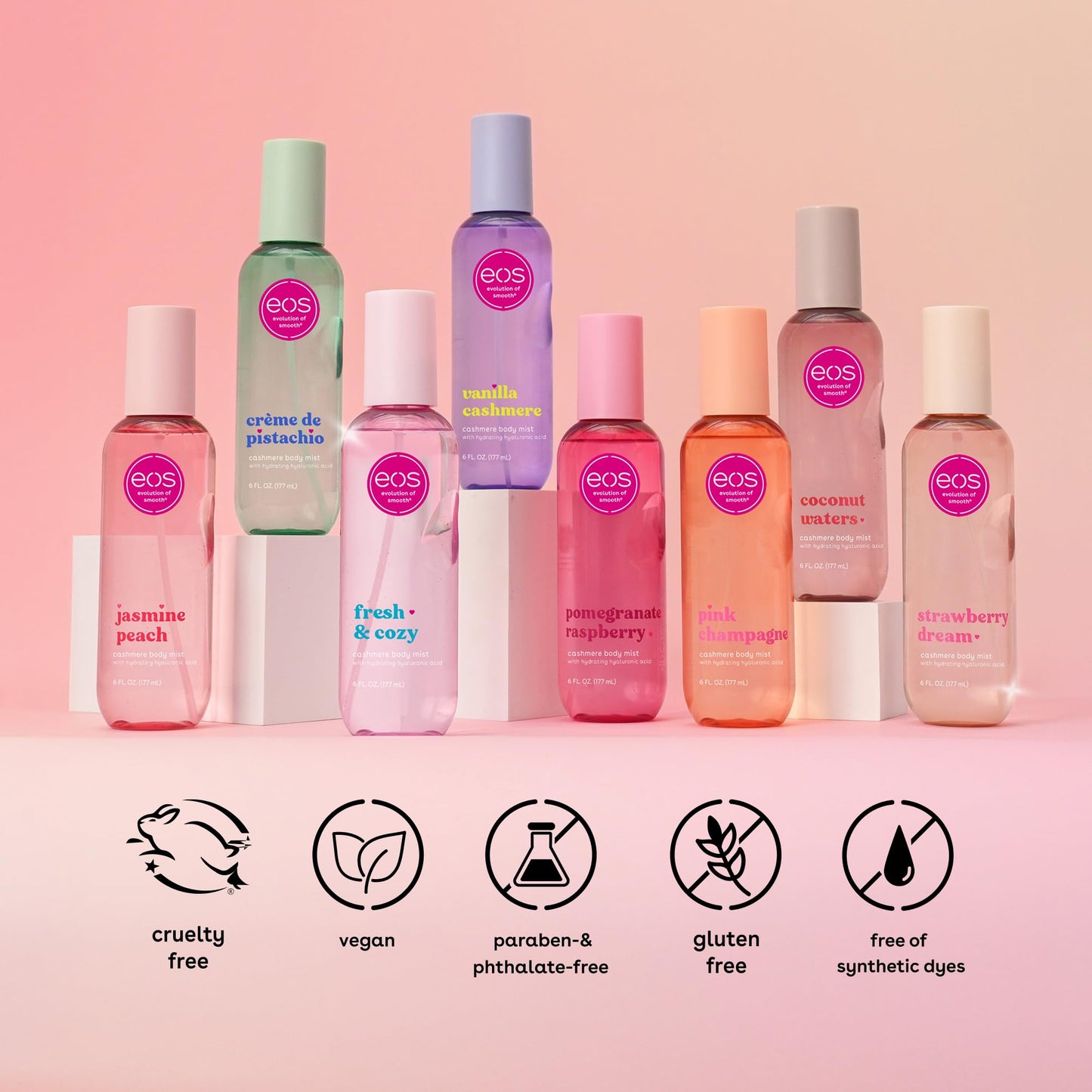 eos Cashmere Body Mist, Vanilla Musk & Cozy Caramel, Hair Mist and Body Spray for Women, Moisturizing Formula with Hyaluronic Acid, Vegan, Cruelty-Free, 6 fl oz
