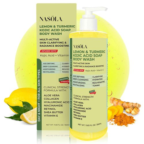 Nasola Lemon Turmeric Kojic Acid Soap Body Wash - Natural Gentle Face & Skin Cleanser with Vitamin C, Shea Butter, Collagen, Niacinamide, Hyaluronic Acid, and Aloe Vera - 11.83 Fl Oz