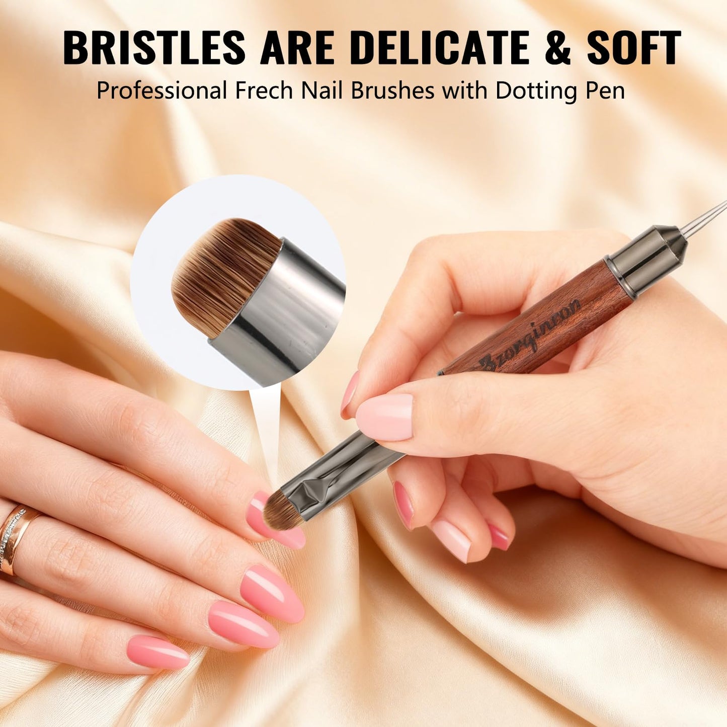 Kolinsky French Tip Nail Art Brush, Clean Up Brush for Gel Nail Polish, Wooden Handle with Dotting Tool