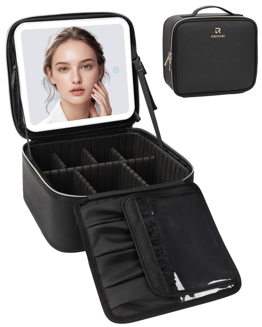 Relavel Makeup Bag with Light Up Mirror, Makeup Case Travel Cosmetic Bags Brush Organizer Storage Box, Rechargeable Vanity Mirror with 3 Color Lights, High Frame Mirror Protection (Black)
