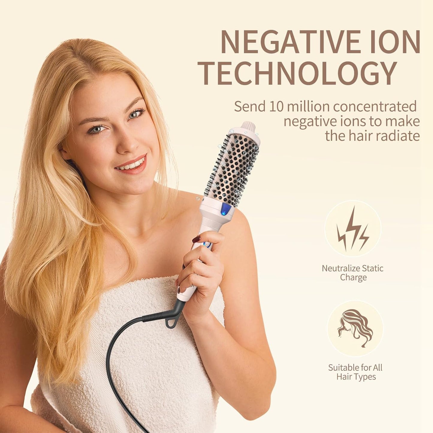 Heated Curling Iron - 1.77 Inch Volumizing Brush with Ceramic Tourmaline | Travel-Friendly Design in Pale Pink