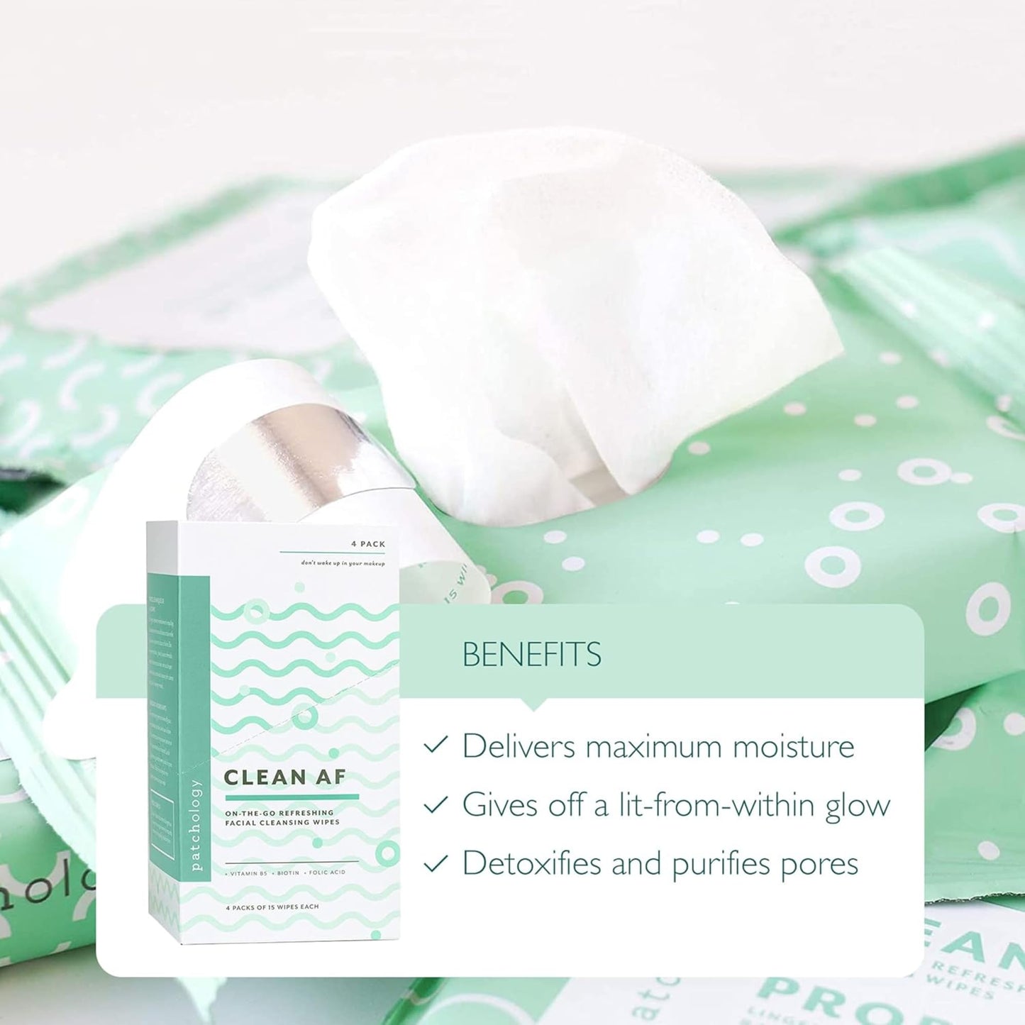 Patchology Clean AF Facial Cleansing Wipes - On-The-Go Refreshing Travel Size Face Wipes for Removing Dirt and Oil - Makeup Remover for Sensitive and Oily Skin (4 Packs/60 Count)