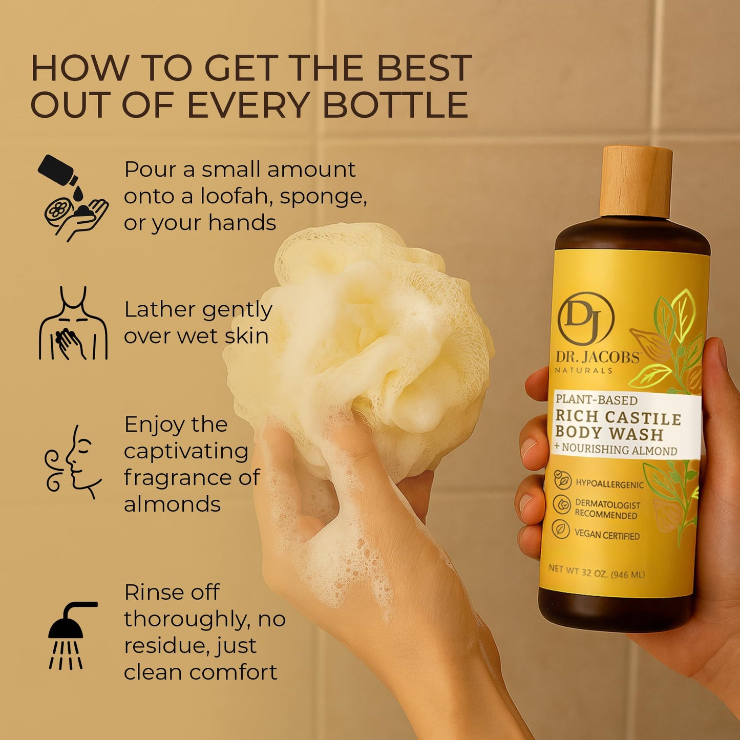 Dr. Jacobs Naturals Pure Castile Soap Liquid Body Wash, Almond - Plant Based Castile Soap Infused with Vitamin E and Aloe Vera to Moisturize Dry and Sensitive Skin - Made in The USA - 32 oz, Pack of 2
