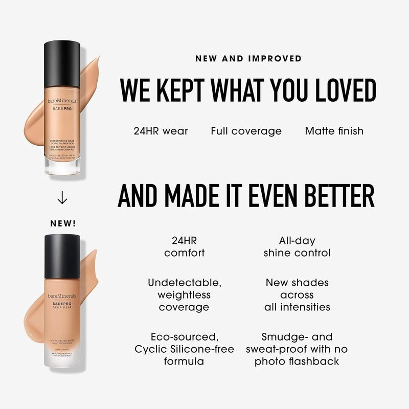 bareMinerals Liquid Foundation SPF 20 - Full Coverage, Breathable Makeup for Natural Matte Finish | 24HR Wear, Vegan