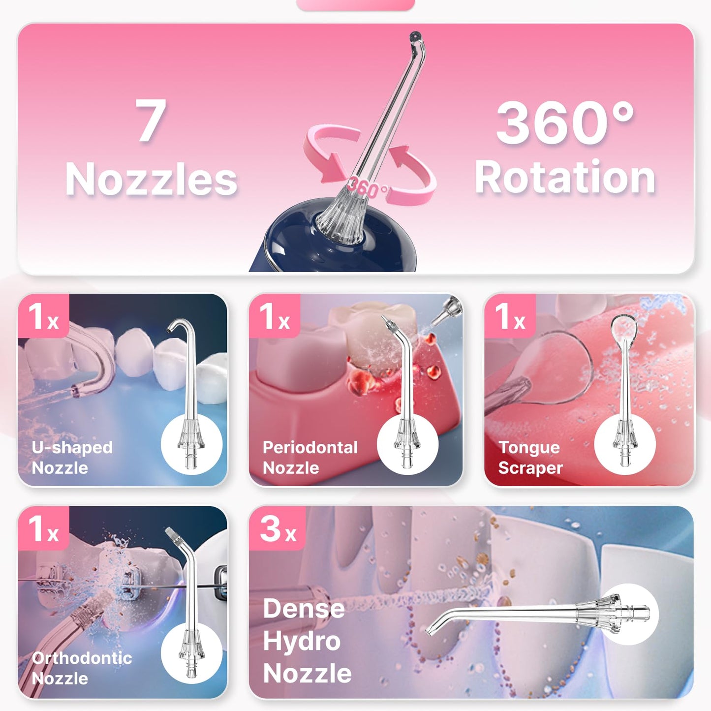 Water Flosser for Teeth, Cordless Oral Irrigator Portable Dental Cleaner Picks with 8 DIY Modes 7 Jets 300ml Tank Braces Flossers Rechargeable (Pink)