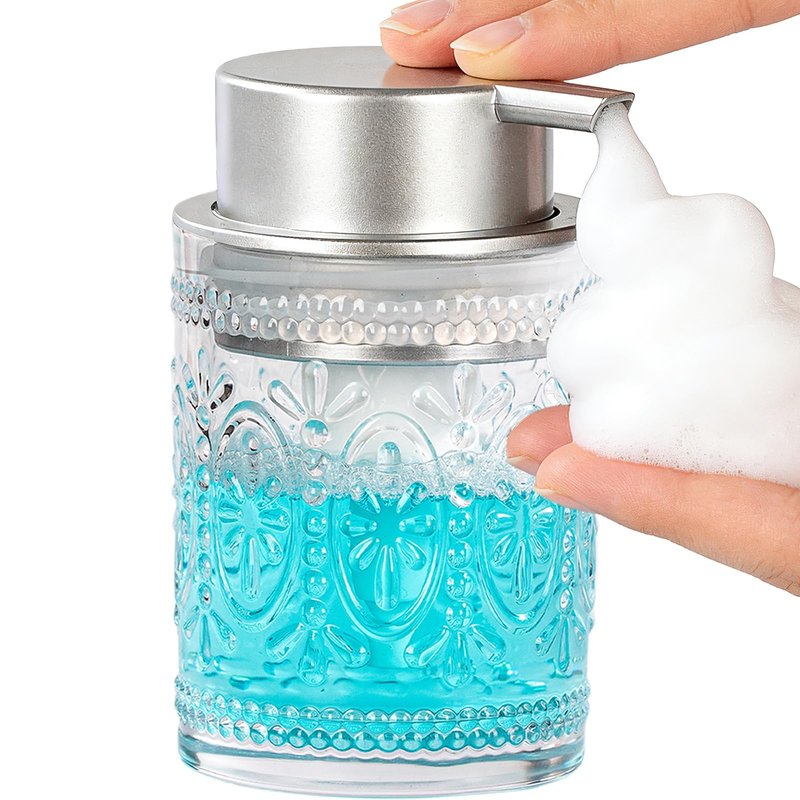 Glass Foaming Soap Dispenser Set - 2 Pack Foam Hand Soap Dispenser for Bathroom, Clear Hand Wash Dispenser Bottle with Matte Silver Pump for Kitchen, 8 Oz Refillable Dish Liquid Foam Dispenser 2 Pcs