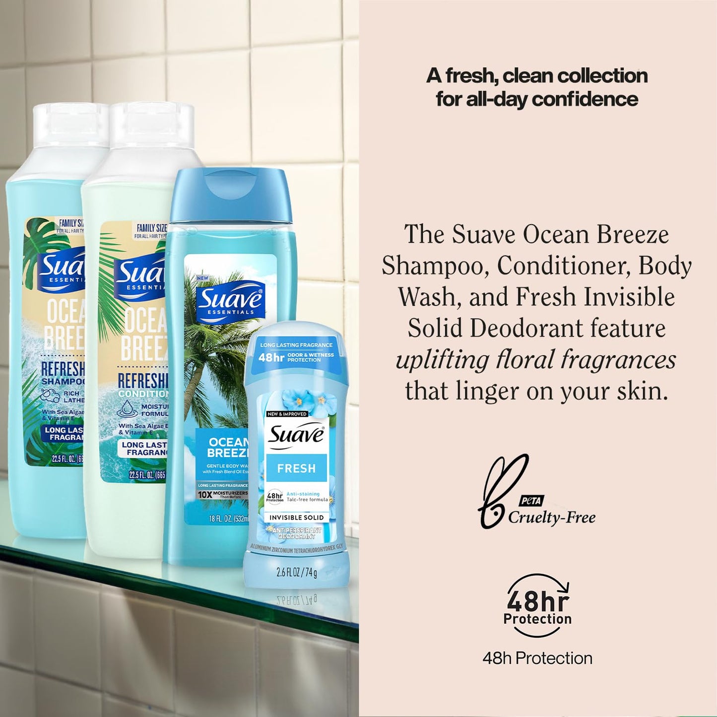 Suave Body Wash 2-Pack, Shampoo & Conditioner, Ocean Breeze + Fresh Antiperspirant Deodorant for Women (5 Piece Set)