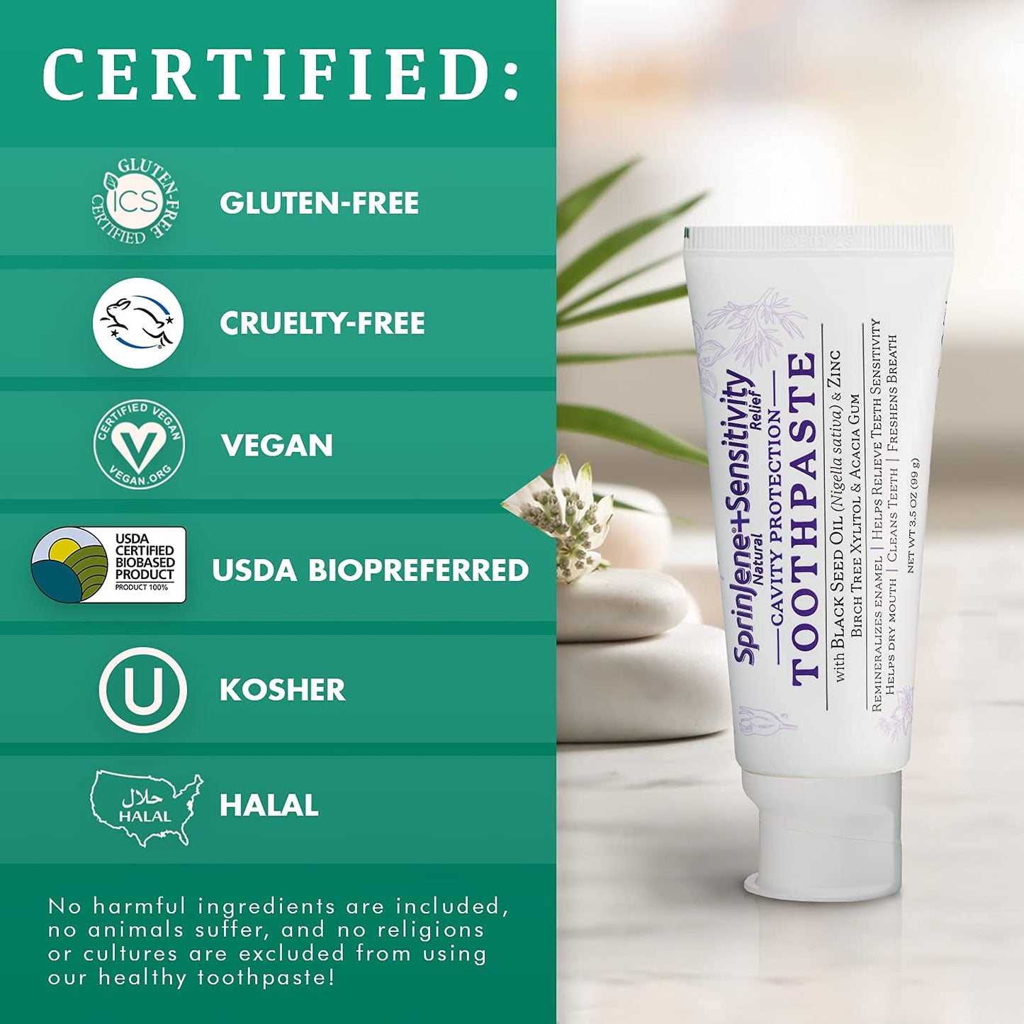 SprinJene Natural Sensitivity Relief Toothpaste – Fluoride Toothpaste for Sensitive Teeth & Cavity Protection – SLS Free with Patented Black Seed Oil & Zinc – Made in the USA (4 Pack)
