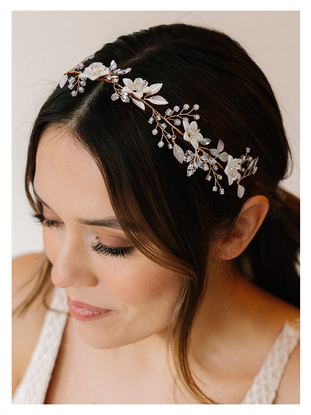 SWEETV Handmade Bridal Headband Flower Wedding Hair Accessories for Brides Hair Pieces Gold Flower Girl Headpieces