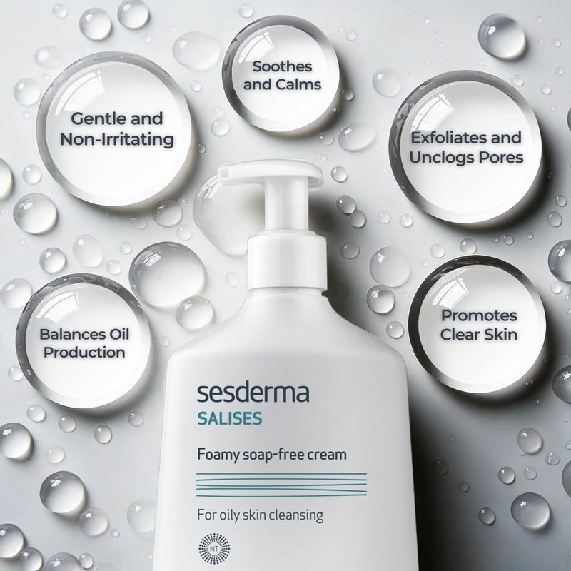 Sesderma SALISES Foamy Soap-Free Cream, Gentle Face Wash for Oily & Acne-Prone Skin, Salicylic Acid Pore Cleanser, 8.5 fl oz