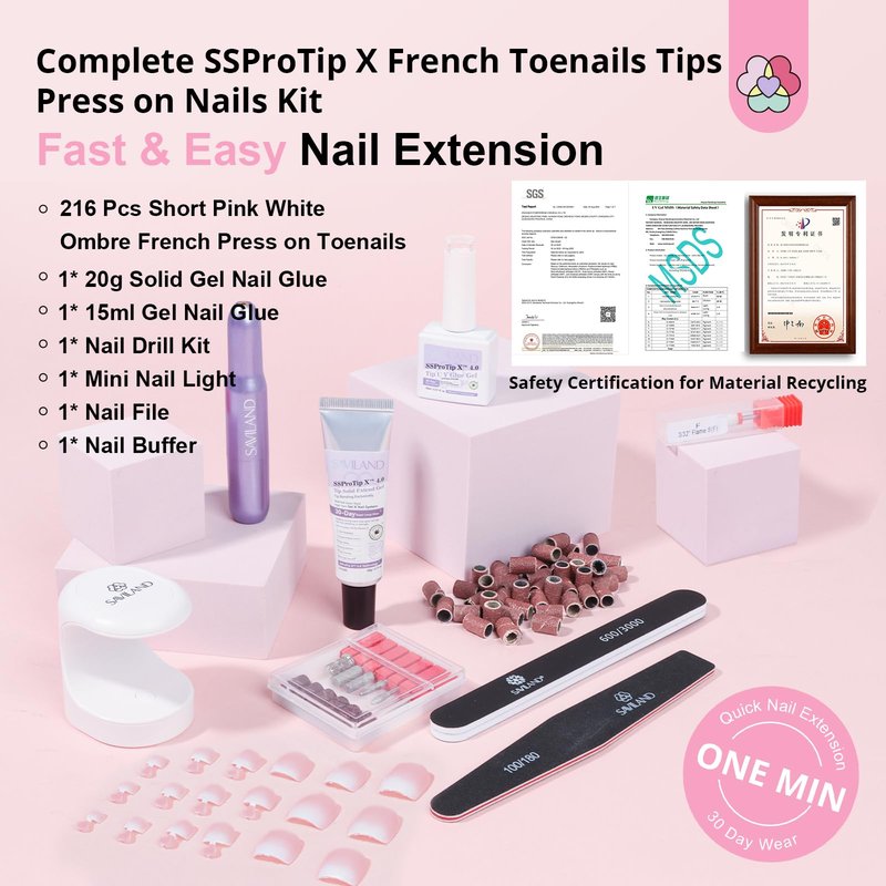 SAVILAND Gel Nail X Kit for Toes: 216 Pcs Toenail Press Ons White Pink Ombre Fake Toe Nails Long Lasting Solid Nail Glue Gel Nail Dryer Acrylic Nail Drill for Quick Nail Extension Starter Home DIY