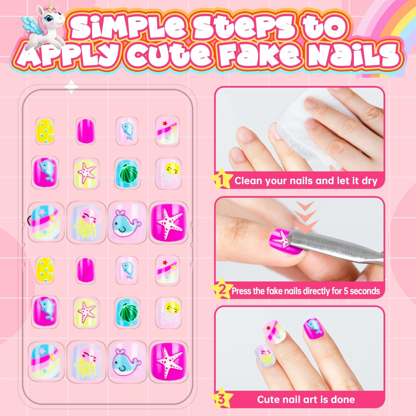 Kids Press-On Nails - 144 Pieces Full Cover Short Acrylic Nail Art Kits for Girls | Cute Patterns