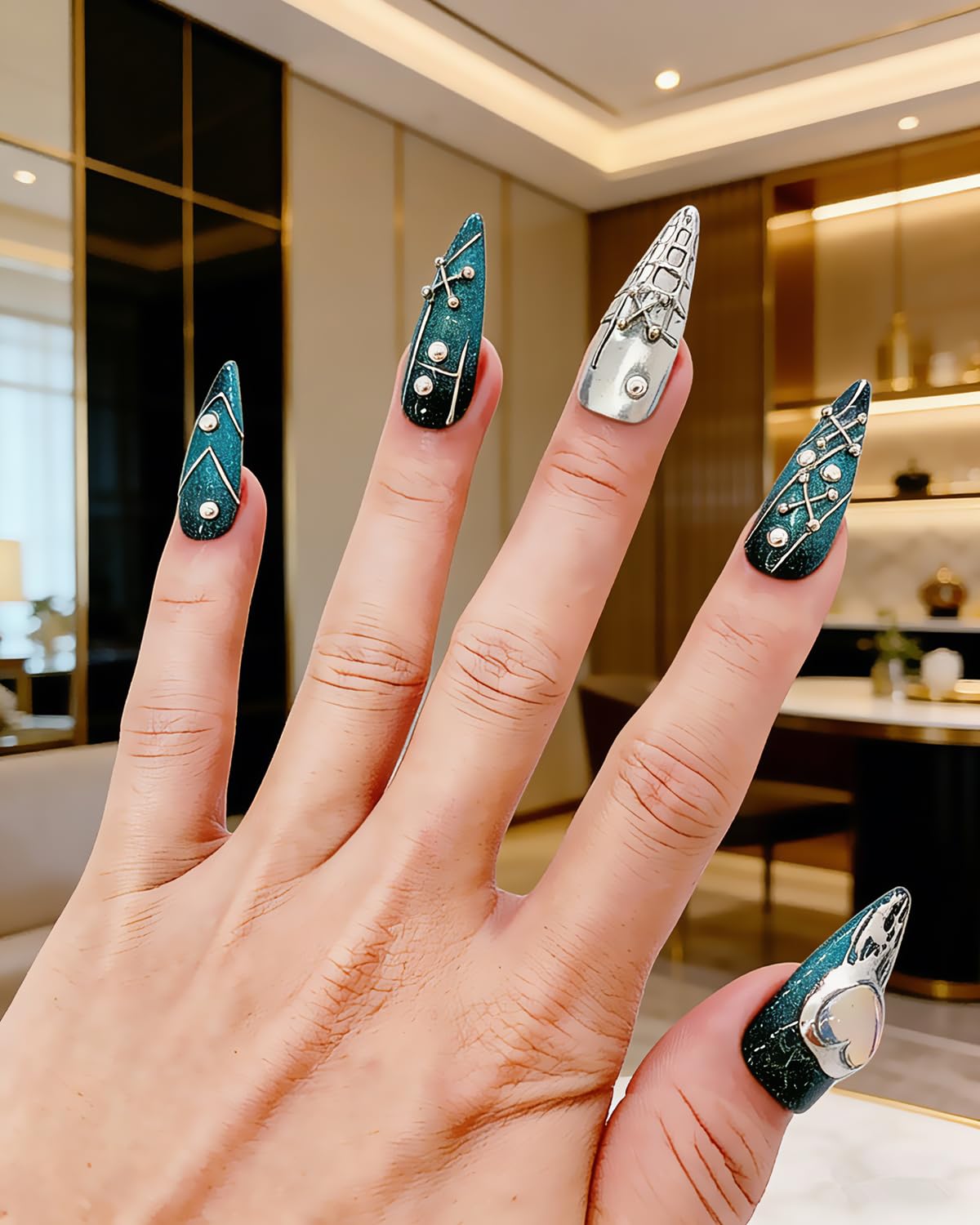 CAMILCY Luxury Handmade Press On Nails Gothic Teal Stiletto Silver Blue Gothic 3D Metal Heart HandPainted Reusable Artificial Salon QualityFalse Nails for Women 10pcs (A46, S)