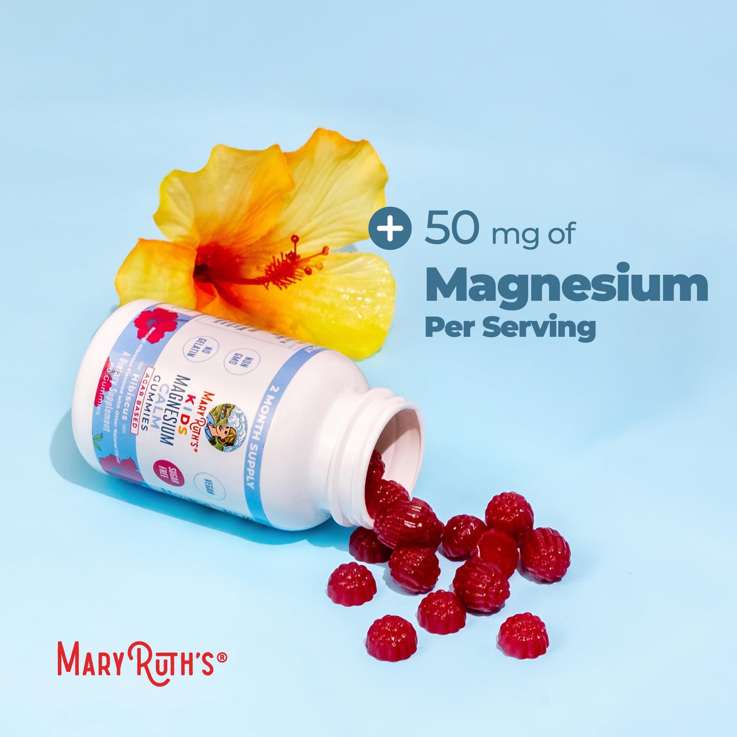 Kids Magnesium Calm Gummies by MaryRuth's | Sugar Free | 50mg Magnesium Citrate Gummies for Kids 4+ | Bone Health | Calcium Absorption | Essential Mineral | Vegan | 60 Count | 2 Month Supply