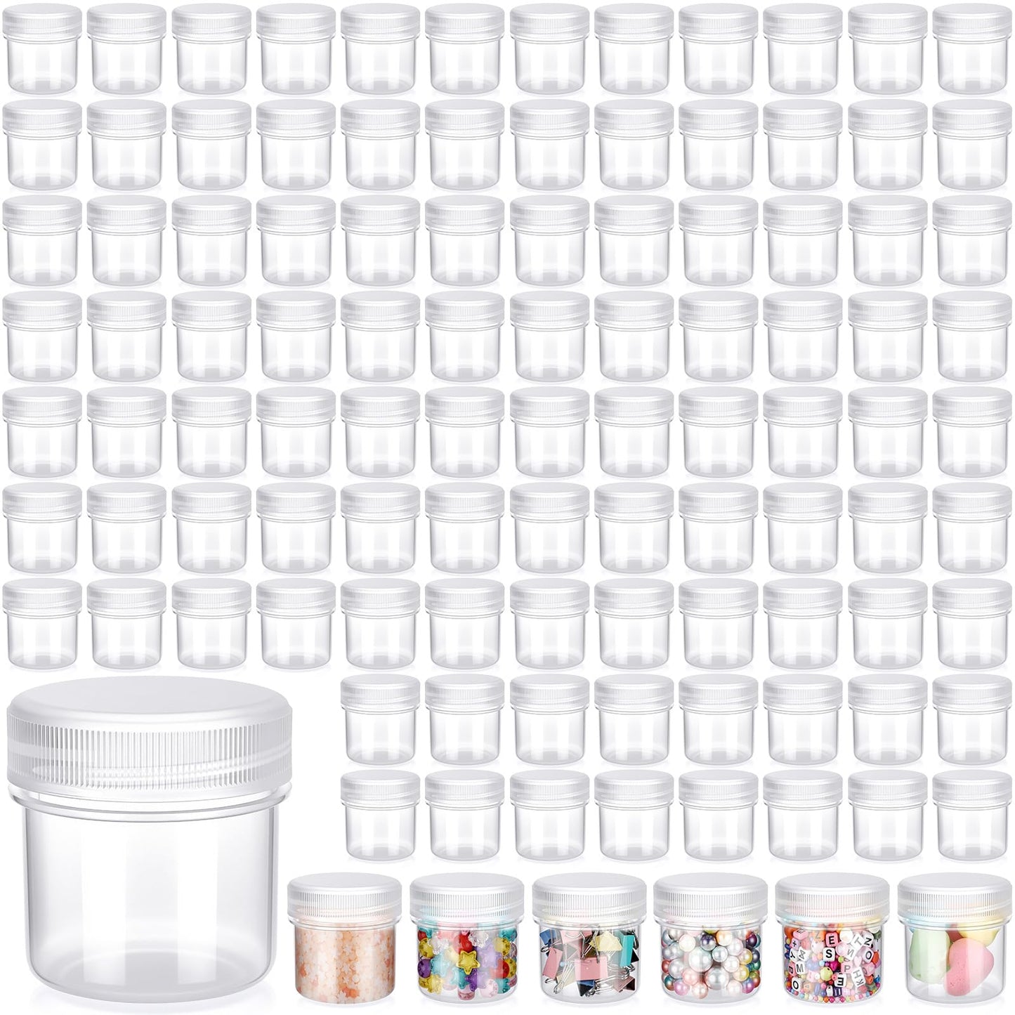 Meanplan 100 Pcs 1.7 oz Plastic Container Jars with Lids Round Leak Proof Refillable Small Cosmetic Jars for Lotion, Cream, Makeup, Eye Shadow, Rhinestone, Samples, Pot, Travel Storage(Clear)