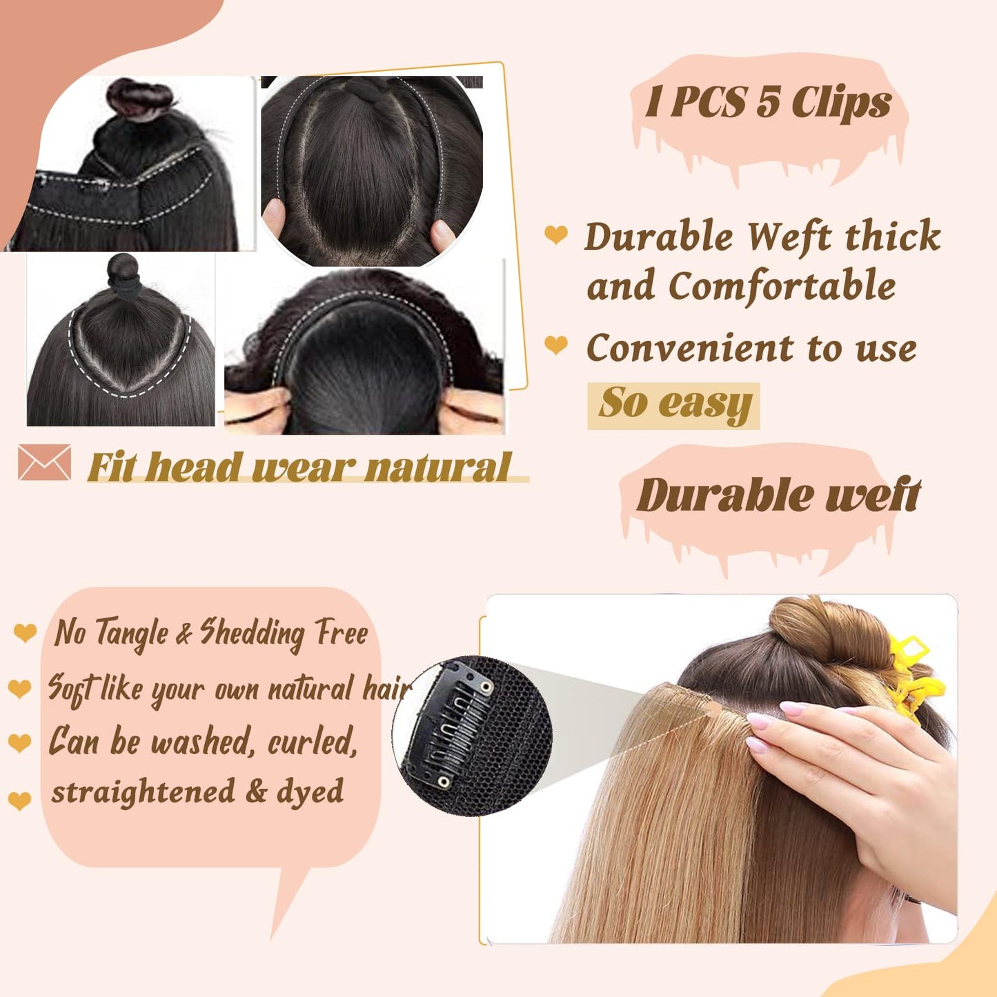 Brown Clip in Hair Extensions Real Human Hair,Highlight Ombre Clip in Human Hair Black Roots One Piece 5 Clips with 3/4 V-Shaped Double Weft Clip in Extensions Full Head for Women 16 Inch 80g(45cm)