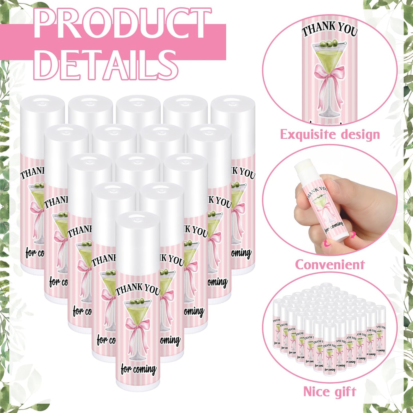 Heigble 50 Set Wedding Thank You Gifts, Thank You Lip Balm Bulk Retractable Ballpoint Pen Appreciation Card Organza Drawstring Gift Bag Bridal Shower Gift for Guest Wedding Party (Pink Bow)