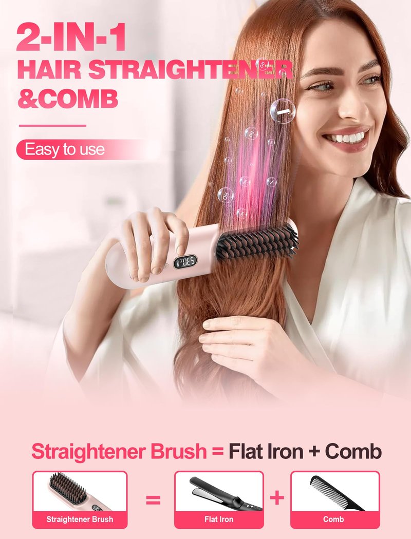 Portable Cordless Hair Straightener Brush for Travel,Mini Hair Straightener Comb with Negative Ion,Hair Straightener Brush Hot Comb for Women, Rechargeable 9600mAh Battery,12 Temp-Setting,Pink
