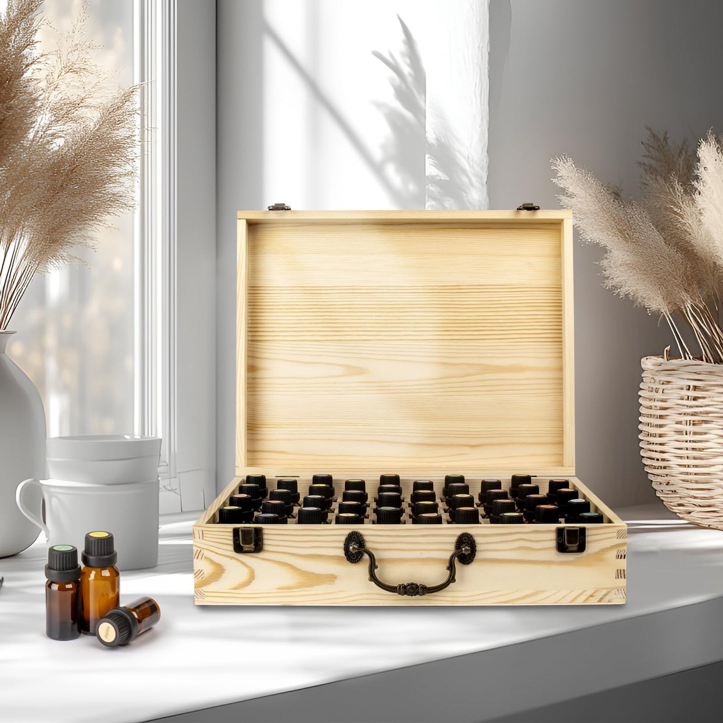 Guolich Essential Oil 80 Slots Storage Box Wooden Essential Oils Display Organizer Stand Holder for 15 ml Bottles Nail Polish Collection.