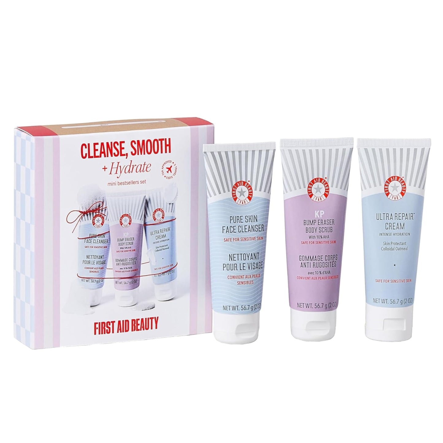 First Aid Beauty Soft + Smooth Starter Body Kit: KP Bump Eraser Body Scrub, 4 oz, Smoothing + Brightening Lotion (Peach), 1oz, & Ingrown Hair Pads, 28 Pads, Exfoliation & Hydrating Skin Care Set, 3ct