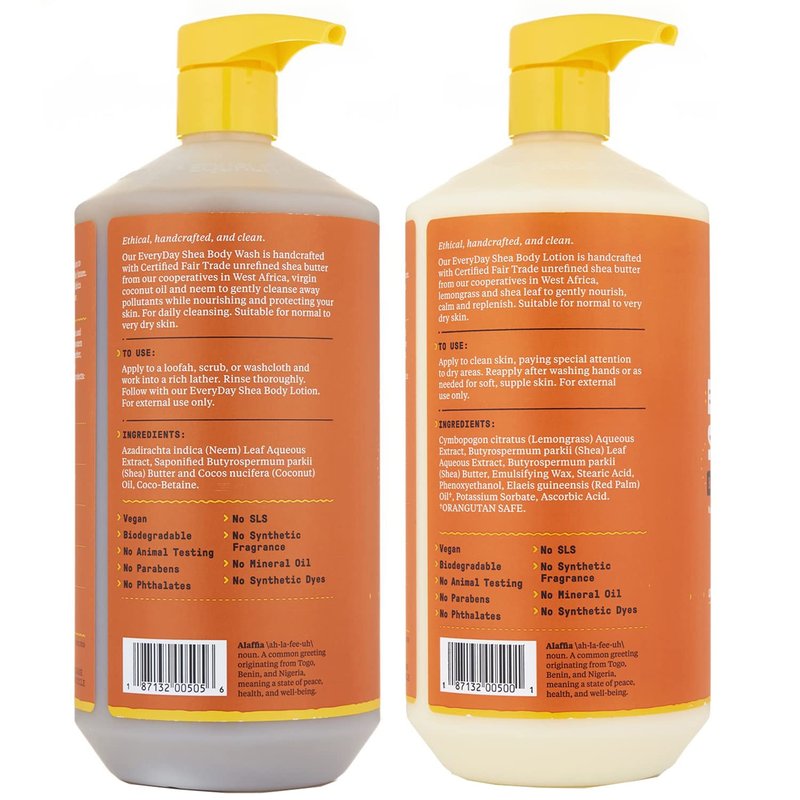 Alaffia Body Wash & Body Lotion Set, EveryDay Shea, Unscented – Gentle Skin Cleanser & Moisturizer for Normal to Very Dry Skin, 32 Oz Ea